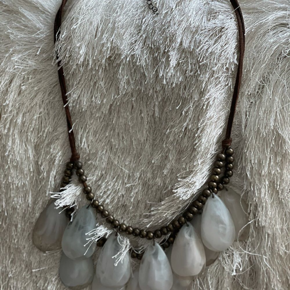 Necklace with leather, beads, and teardrop charms